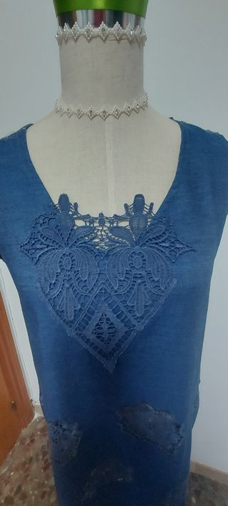 Vestido verano tejano fino  azul bordado
