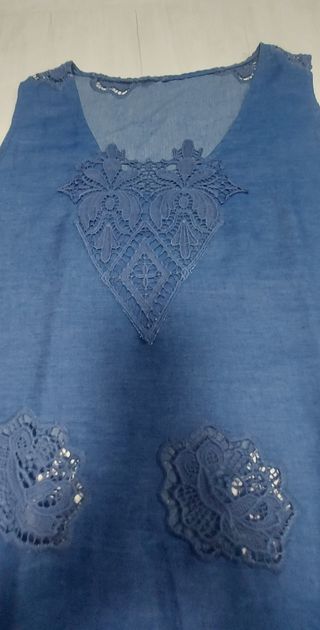 Vestido verano tejano fino  azul bordado