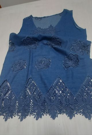 Vestido verano tejano fino  azul bordado