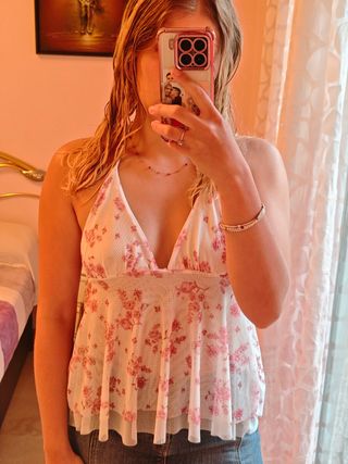 Blusa floral blanca y rosa mujer