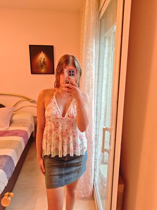 Blusa floral blanca y rosa mujer