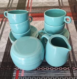Juego café vintage - Cerámica verde azulada