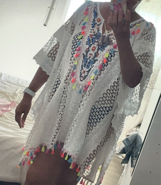 Kaftán playero blanco multicolor