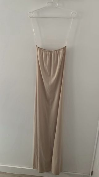 Vestido fiesta beige y rojo