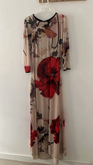 Vestido fiesta beige y rojo