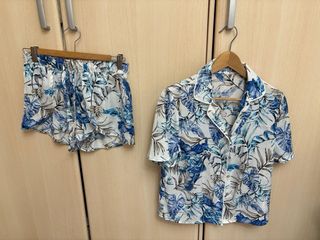 Pijama completo seda verano - Azul y blanco