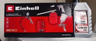 Compresor Einhell con accesorios y botella aceite