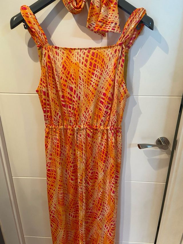 Vestido largo naranja y rosa