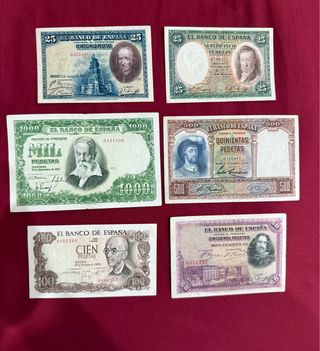 Lote 6 billetes españoles en pesetas Sin Serie ￼