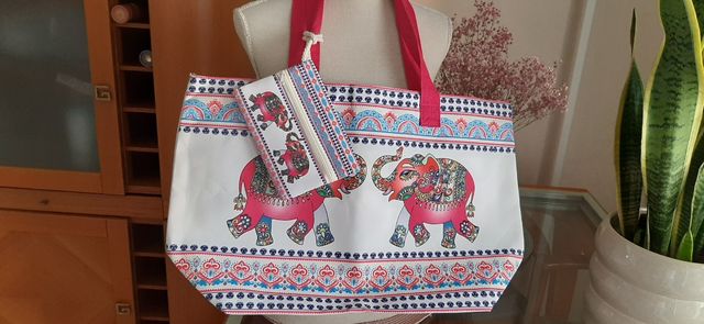 Bolso playa elefante - Blanco y rosa