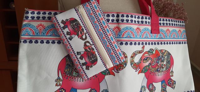Bolso playa elefante - Blanco y rosa