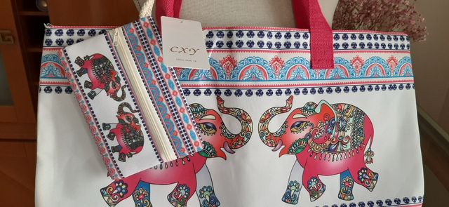 Bolso playa elefante - Blanco y rosa