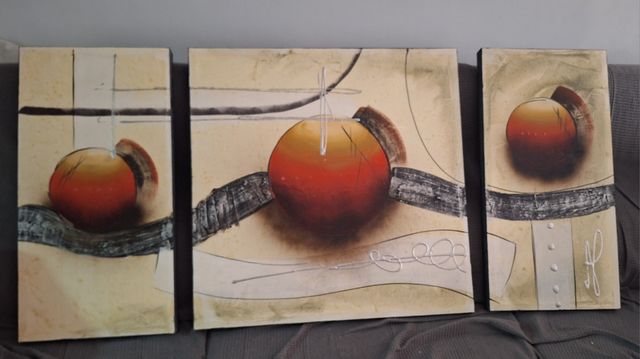 Cuadro Tríptico abstracto - Colores beige y rojo