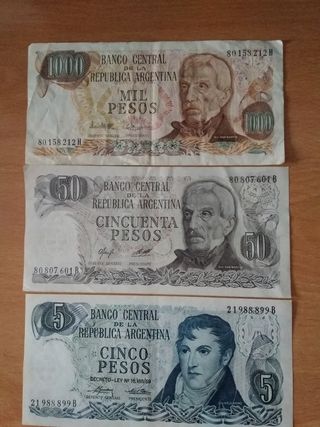 Billetes Argentina: 1000, 50, 5 pesos