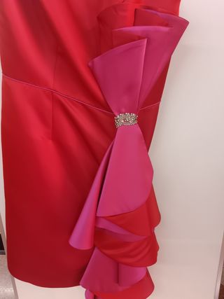Vestido cóctel rojo y rosa