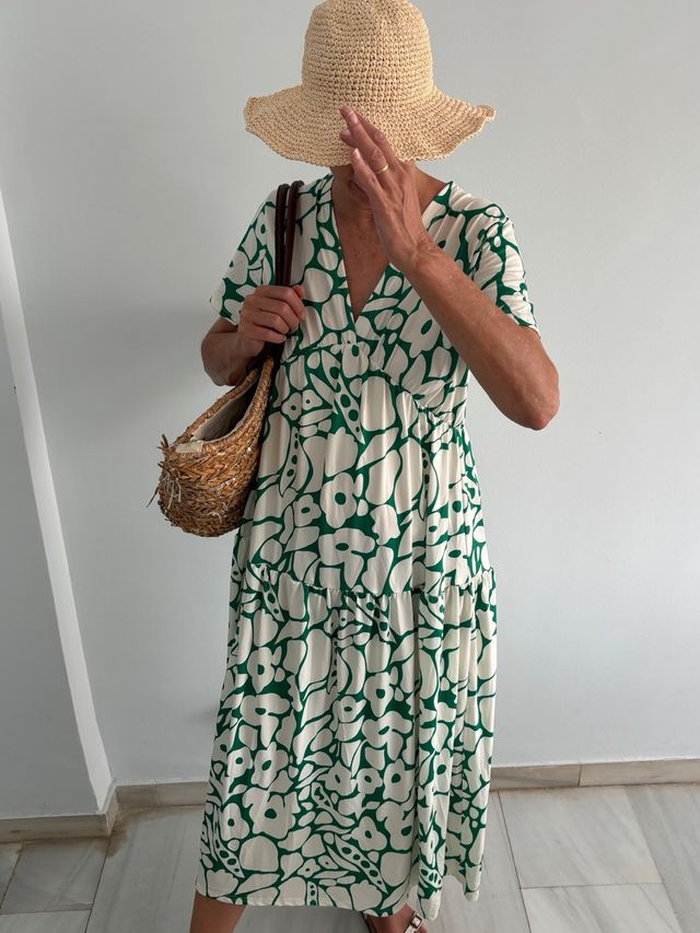 Vestido midi verano - verde blanco