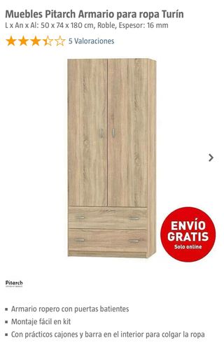 Armario ropero madera 2 puertas