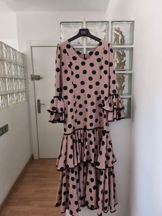 Vestido Sevillana lunares beige-negro