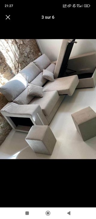 Sofá chaise longue gris - 2 Puffs