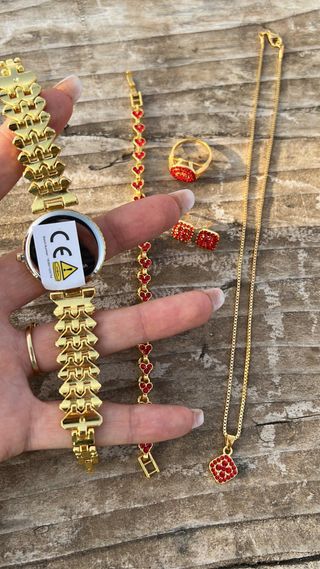 Set Gioielli Oro Rosso Strass: Orologio, Collana,