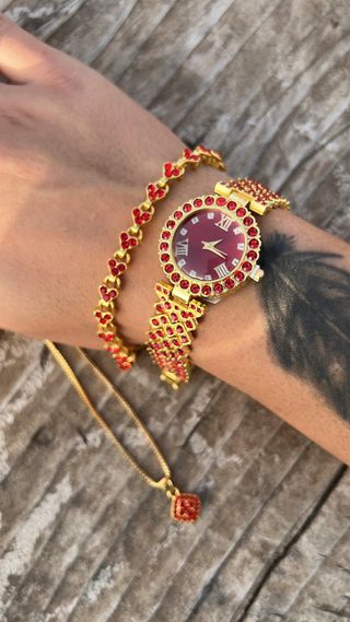 Set Gioielli Oro Rosso Strass: Orologio, Collana,