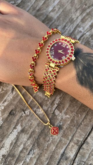 Set Gioielli Oro Rosso Strass: Orologio, Collana,