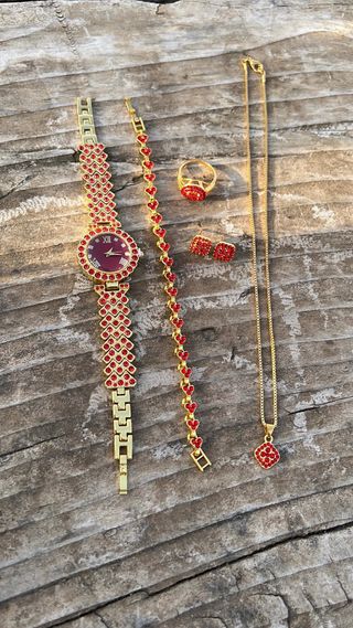 Set Gioielli Oro Rosso Strass: Orologio, Collana,