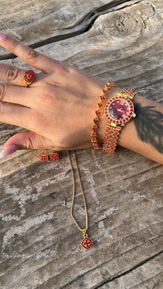 Set Gioielli Oro Rosso Strass: Orologio, Collana,
