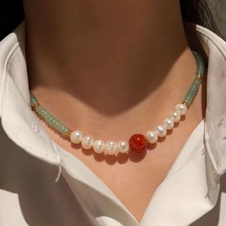 Collar Jade-Perlas: Verde & Blanco