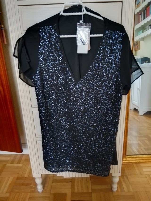 Top lentejuelas negro-azul mujer