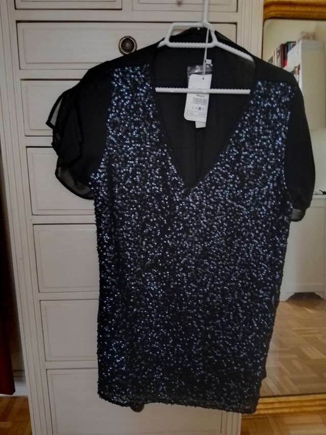 Top lentejuelas negro-azul mujer