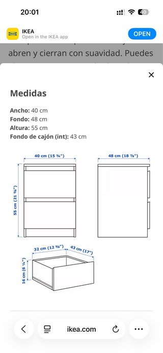 Comodino notte MALM Ikea - 2 cassetti