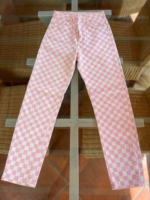 Jeans Stradivarius rosa cuadros XS