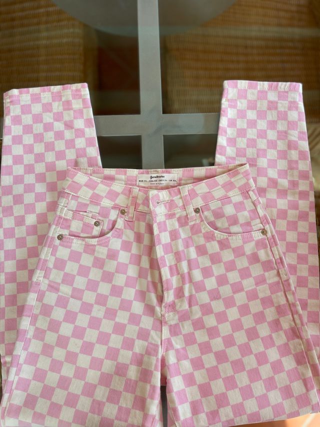 Jeans Stradivarius rosa cuadros XS