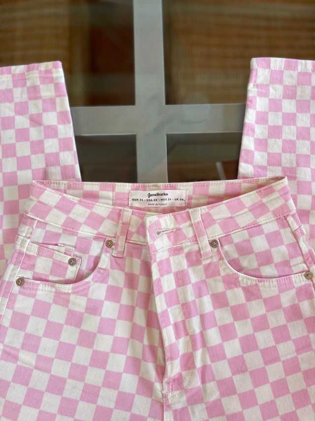 Jeans Stradivarius rosa cuadros XS