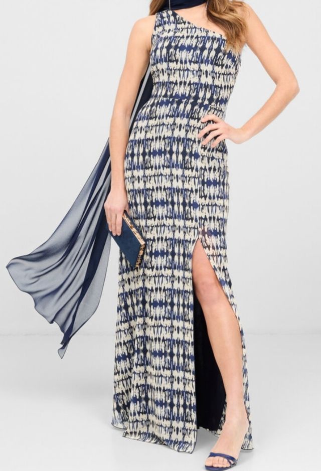Vestido largo azul y blanco