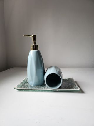 Set bagno ceramica blu | Dispenser sapone + portas