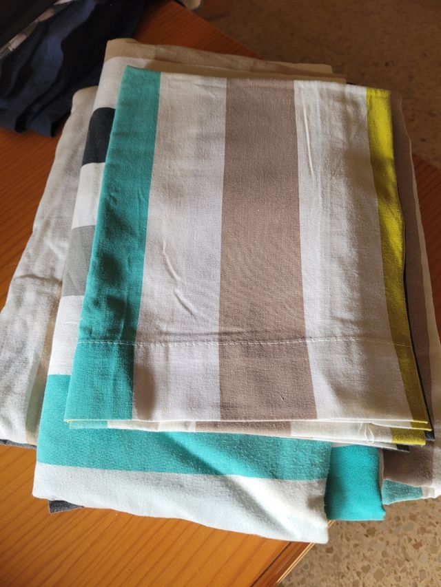 Sábanas rayas beige-teal algodón