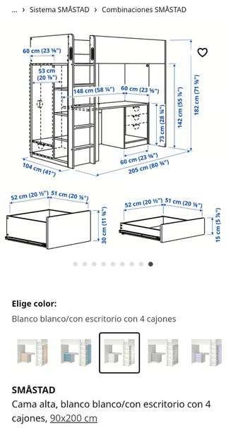 IKEA SMÄSTAD Cama alta + escritorio + armario