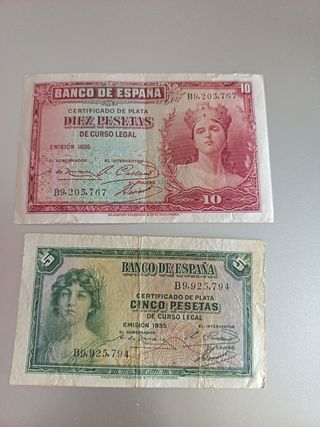 2 Billetes España 1935: 5 y 10 pesetas