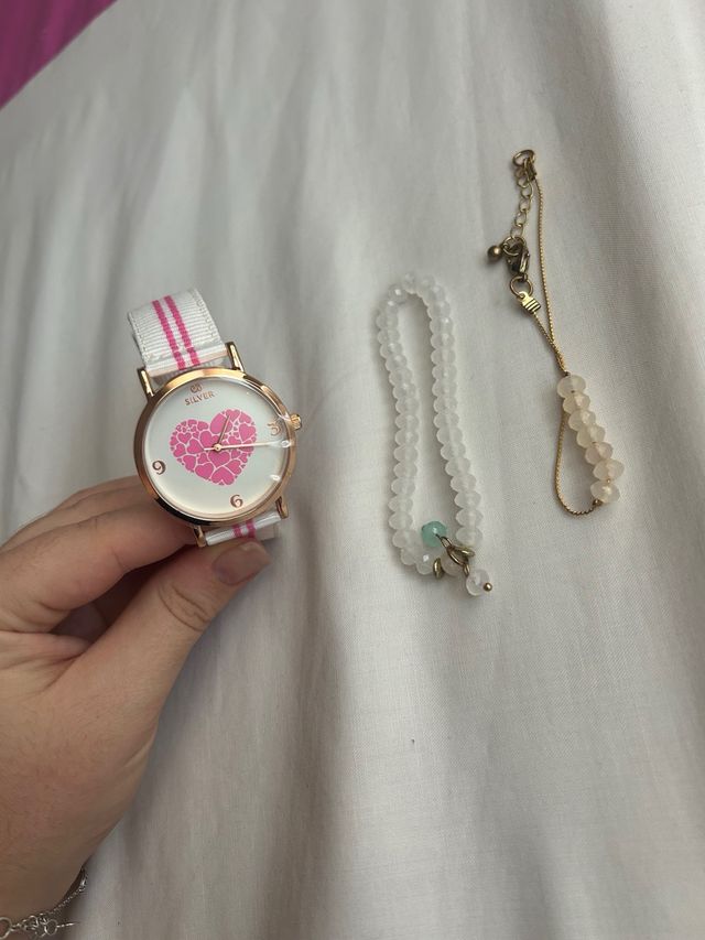 Reloj y 2 pulseras | Blanco y rosa