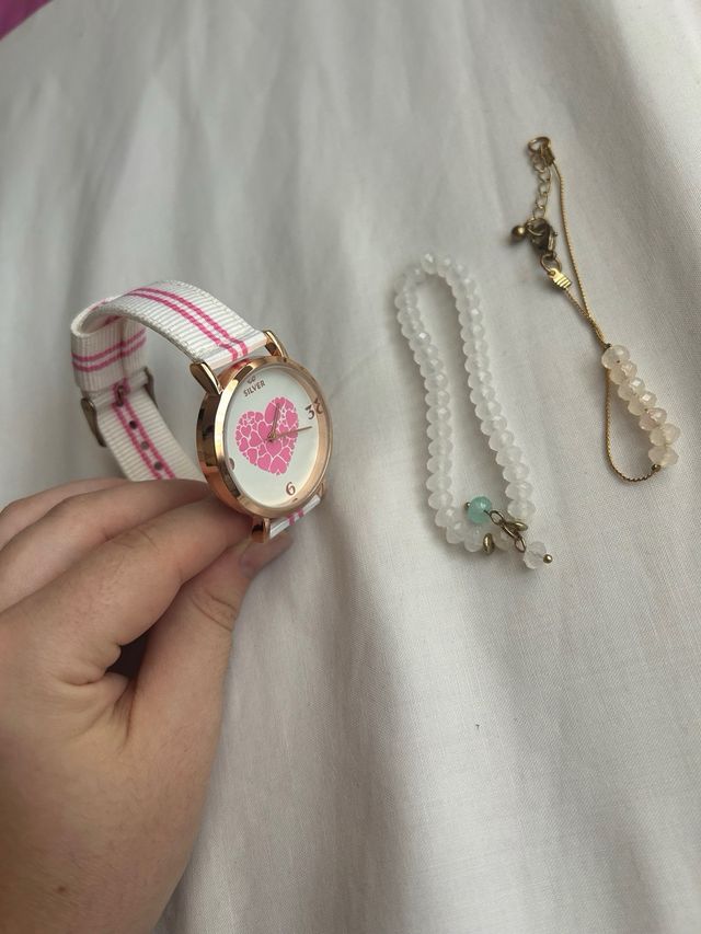 Reloj y 2 pulseras | Blanco y rosa