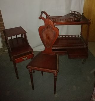 Carrito, silla y 2 mesas caoba