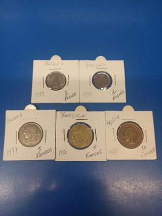 Monedas Bélgica (1, 5, 20 Francos)