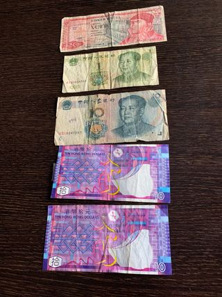 5 billetes antiguos: China, Mexico, Hong Kong