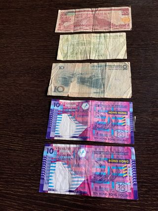 5 billetes antiguos: China, Mexico, Hong Kong