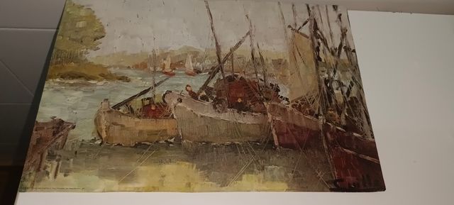 Lám. escena marinera, barcos pesca. Firmada