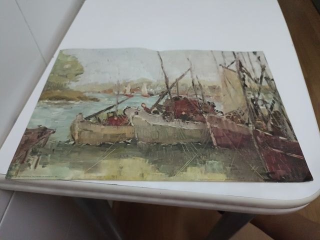 Lám. escena marinera, barcos pesca. Firmada