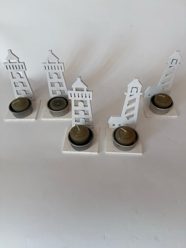 Set 5 portacandele faro legno bianco