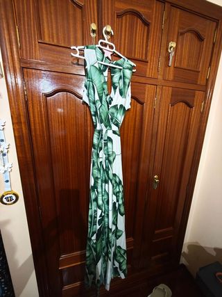 Vestido largo estampado hojas verdes